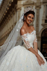 Fabulous White Strapless Off-The-Shoulder Half Sleeves Ball Gown Cathedral Train Lace Wedding Dress With Appliques